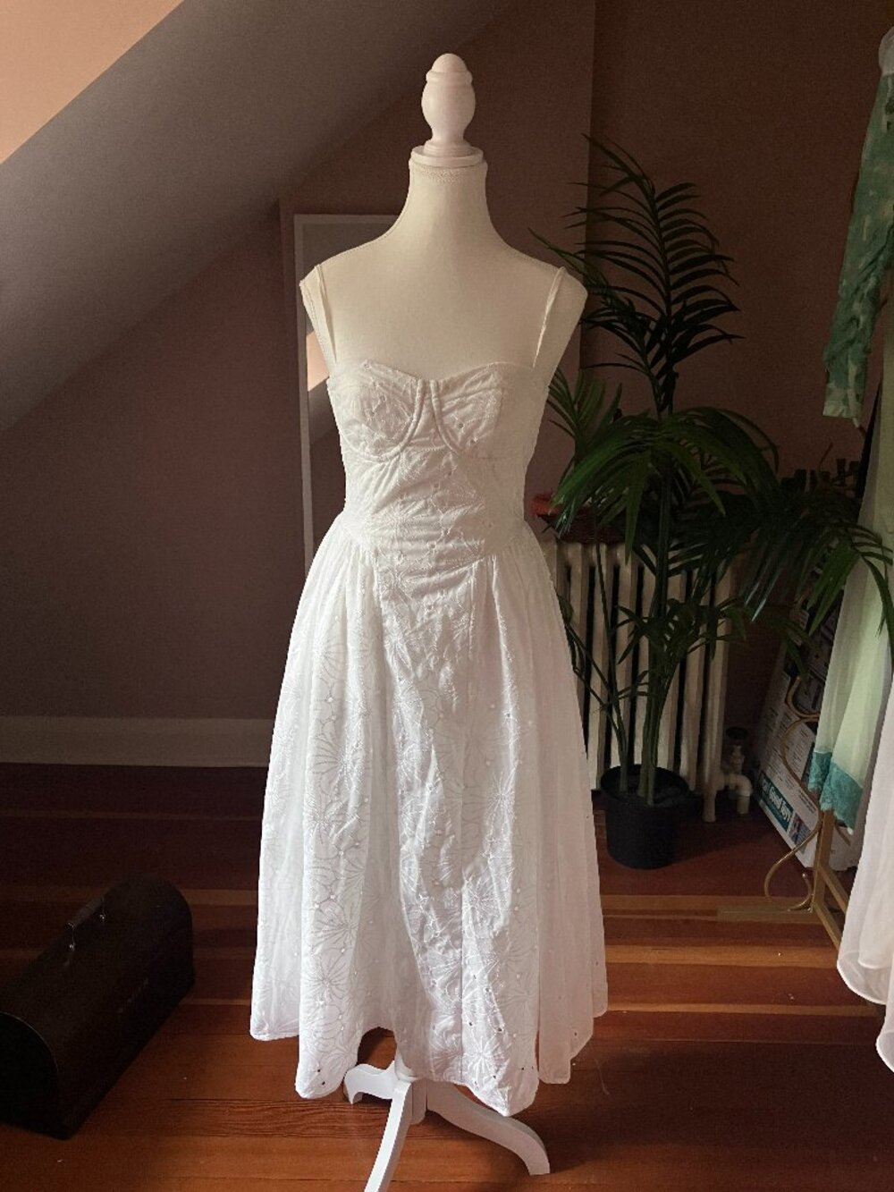 White eyelet bustier dress a line long tea sweeping cottagecore day gown